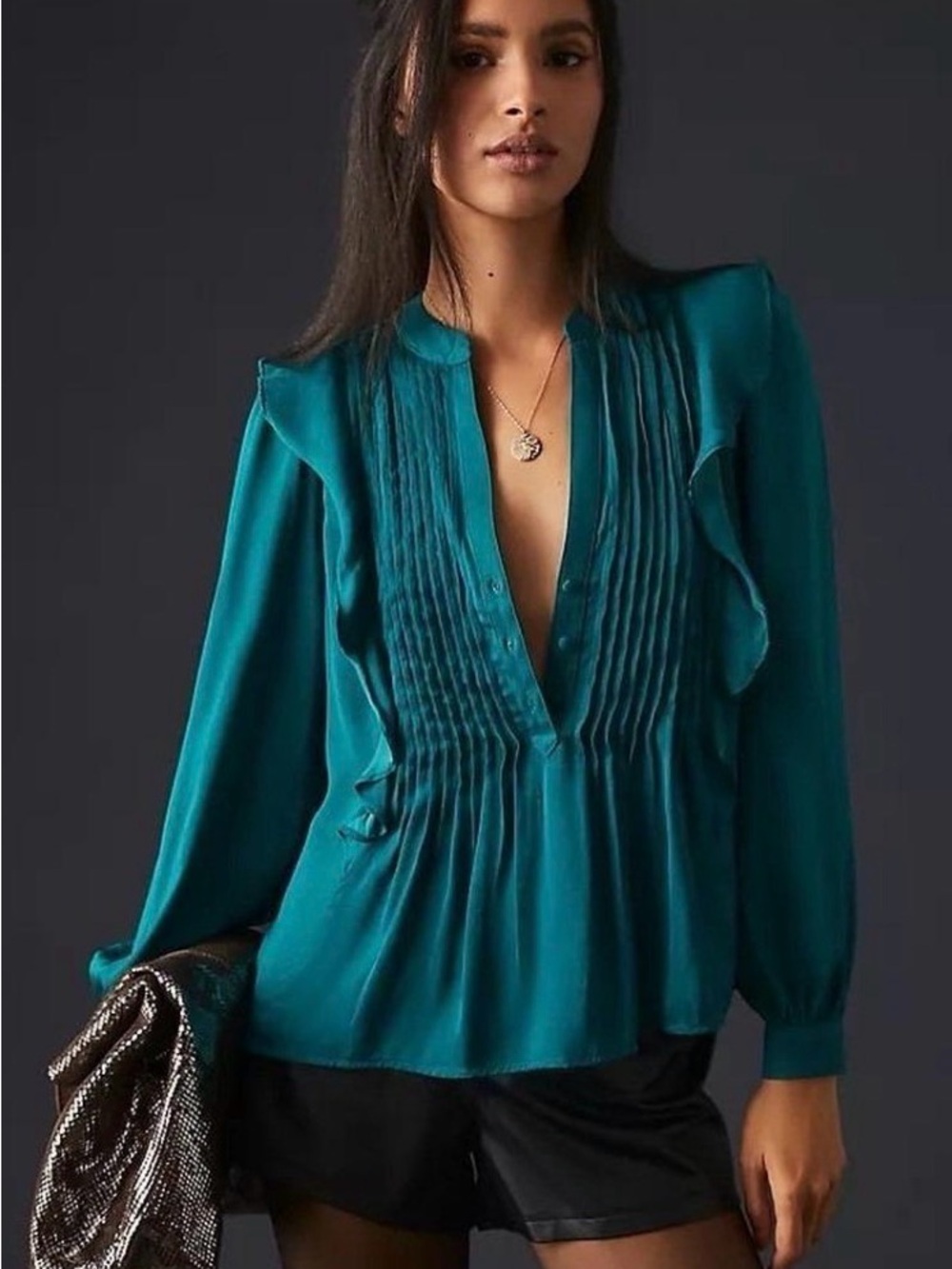 Anthropologie Teal Pintuck Ruffle Long-Sleeve Blouse